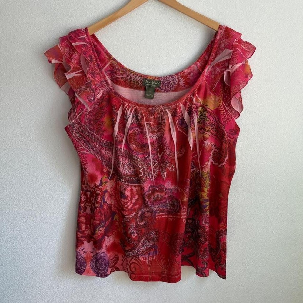 Jane Ashley Pink Red Paisley Ruffle Cap Sleeve Pleated Scoop Neck Top 2X